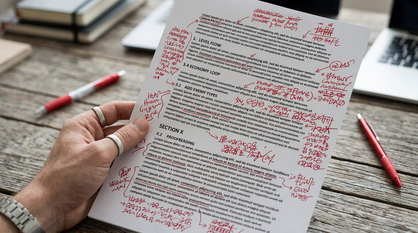 Hands annotating a printed long document