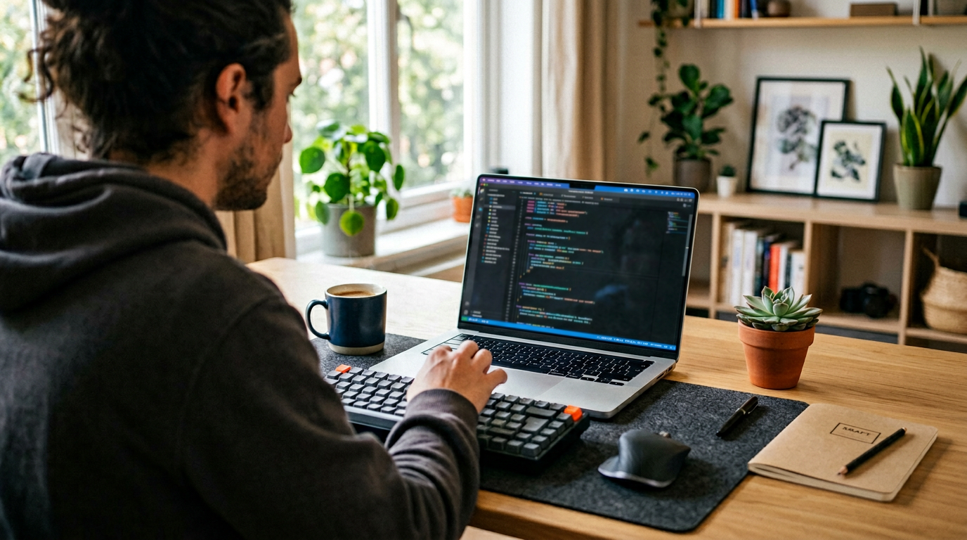 Developer working at a laptop, code on screen