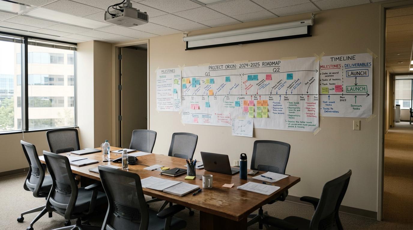 Planning timeline taped to a meeting room wall without people